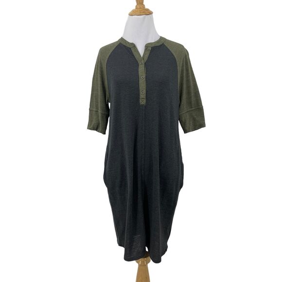Prana Henley Raglan Dress Womens S Small Grey Cozy Up Jersey Knit Mid Sleeve - Picture 1 of 16